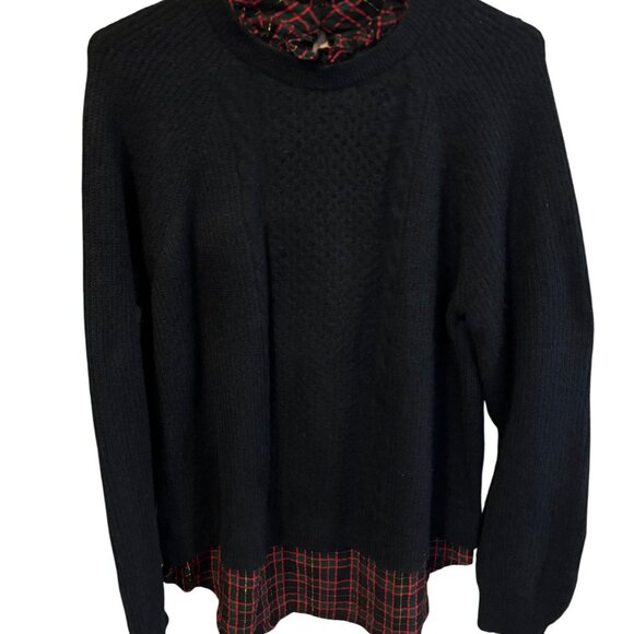 Loft Womens Black Sweater W/Red Plaid Layered Undershirt Sz M - Picture 1 of 6